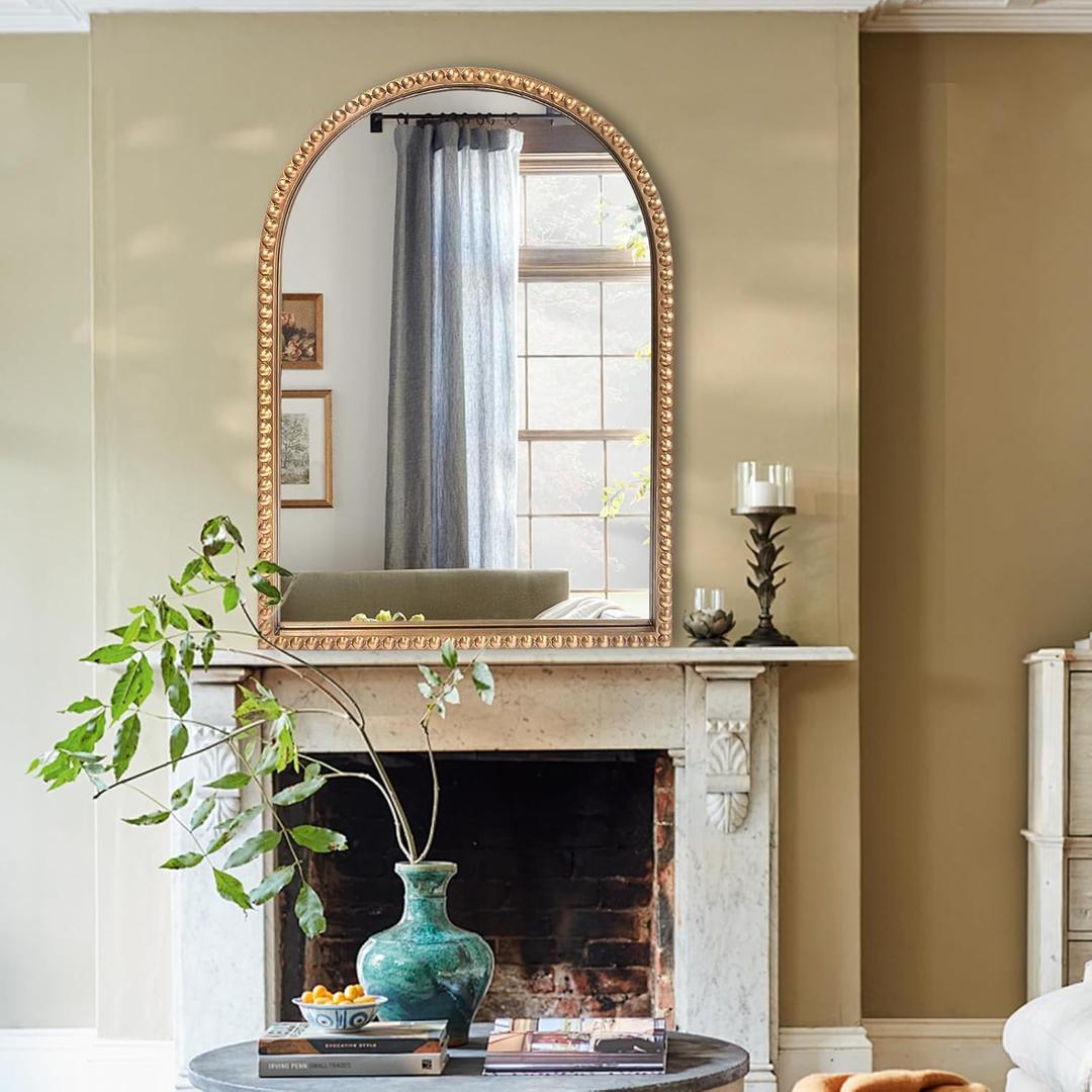 Traditional Arch Mirror for Bathroom, 20" x30" Baroque Antique Gold Marlowe Mirrors Beaded Frame, Decorative Accent Vertical Vanity, Wall Decor Over Mantel Fireplace, Sofa, Entryway