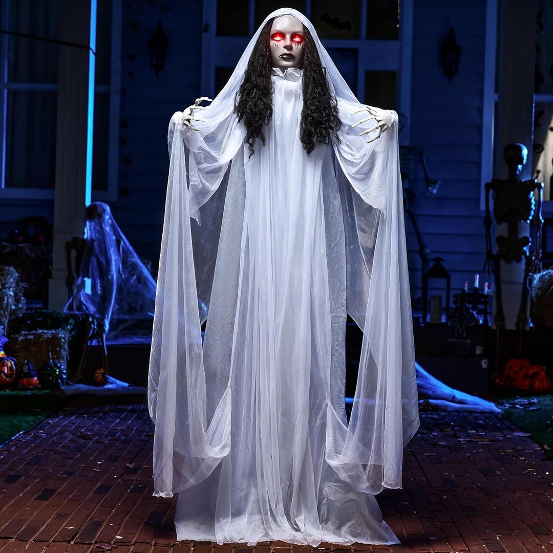 JOYIN 67" Halloween Decorations Outdoor Life Size Bride Decor, White Ghost Haunted House Props with Creepy Sound for Garden Yard Lawn
