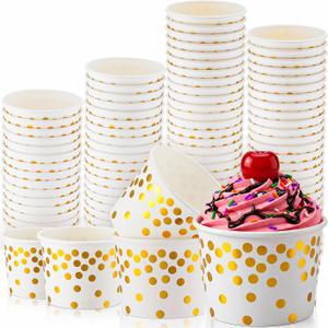 CHENGU 100 Pcs Polka Dots Ice Cream Cups for Party 8 oz Treat Snack Paper Bowls Disposable Dessert Bowls for Hot or Cold Food Disposable Cup for Party Christmas Birthday Supplies(White and Gold), One size