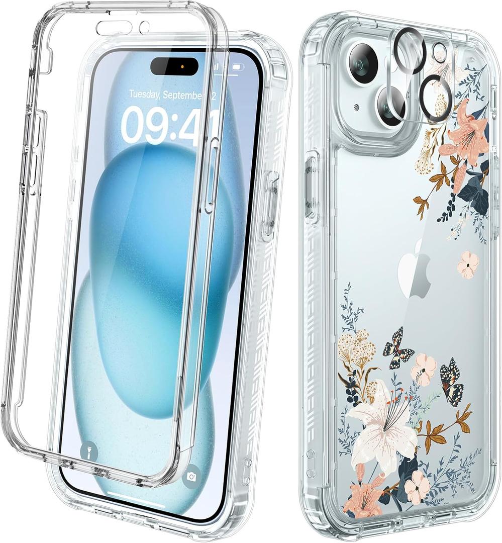 Diaclara Designed for iPhone 15 Case, Full Body Rugged Case with Built-in Touch Sensitive Anti-Scratch Screen Protector, with Camera Lens Protector for iPhone 15 6.1" (Lily) Butterfly
