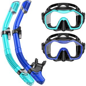 Snorkeling Gear for Adults Kids, Dry-Top Snorkel Set, 180Panoramic Wide View Diving Mask Breathing Freely Snorkel Mask for Snorkeling Scuba Diving Swimming Travel (A11-Black Green + Black Blue)