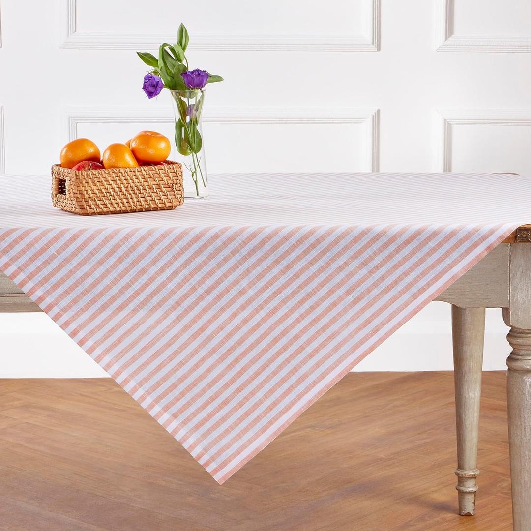 Solino Home Linen Tablecloth 52" x 52"- Amalfi Stripe, 100% Pure Linen Coral and White Square Tablecloth - Machine Washable Table Throw for Mothers Day, Summer (52" x 52" (Square), Coral & White)