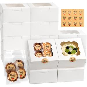 12 Pcs Cookie Boxes with Window, 6x6x3 Inches White Bakery Boxes, Treat Boxes with 50 Pcs Cookie Bags and 12 Pcs Stickers, for Dessert Pastry Chocolate Strawberries Macarons Donut Cupcake