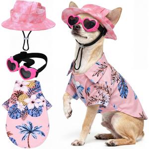 Small Summer T-Shirts Set Include Adjustable Pet Hat with Ear Holes Breathable Hawaiian Dog Shirt Heart Shape Sunglasses Beach Outfit Set for Puppy Small Medium Pets Dog Cat(Pink,M)