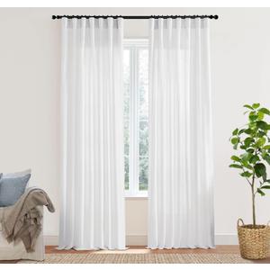 White Linen Curtains 102 Inches Long 2 Panels Back Tab Hook Pleated Rod Pocket Cotton Polyester Blend Light Filtering Semi Sheer Curtain Drapes for Bedroom Living Room,Total 100 In Wide 8.5FT Length