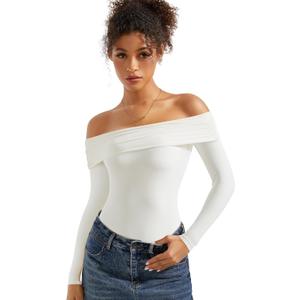 SUUKSESS Women Off the Shoulder Bodysuit Short Sleeve Strapless Thong Body suit (White, M)