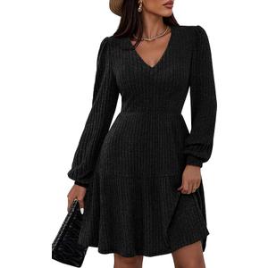 PRETTYGARDEN Women Sweater Dress Fall Fashion 2026 Long Sleeve V Neck Ribbed Knit Pleated A Line Elegant Maxi Winter Dresses, Small