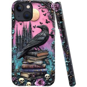 DAIZAG Case Compatible with iPhone 13,Glossy Durable Shock Protection Cover for Girl Women,Black Raven Bird Book Rose Skulls