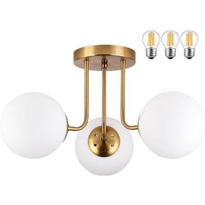 KoKo&Yukina 3-Light Semi Flush Mount Ceiling Light Globe Ceiling Light Mid Century Ceiling Light with Opal Milk Glass Globe & Brushed Brass for Bedroom Hallway Entryway Kitchen Living Room-Bulb Incl (6 inch)