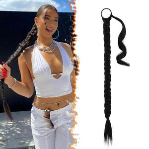 BARSDAR 30 Inch Long Braided Ponytail Extension for Women - Straight Sleek Wrap Around Black Braid Ponytail Hair Extensions with Hair Tie - Synthetic Pony Tails Hairpieces - Jet Black