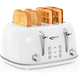Keenstone Toaster 4 Slice, Retro Stainless Steel Wide Slot Toaster with Dual Independent Controls, 6 Browning Levels, Bagel, Defrost, Reheat & Cancel, Removable Crumb Tray, White
