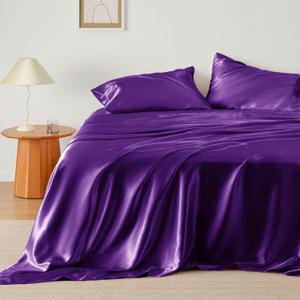 Bedsure Satin Sheets King Size - 4 Piece Silky Bedsheets with 15 Inches Deep Pocket Fitted Bedsheet,1 Flat Sheet, 2 Satin Pillowcases, Good for Hair & Skin (King, Purple) Bedsure Satin Sheets King Size - 4 Piece Silky Bedsheets with 15 Inches Deep Pocket Fitted Bedsheet,1 Flat Sheet, 2 Satin Pillowcases, Good for Hair & Skin (King, Purple)