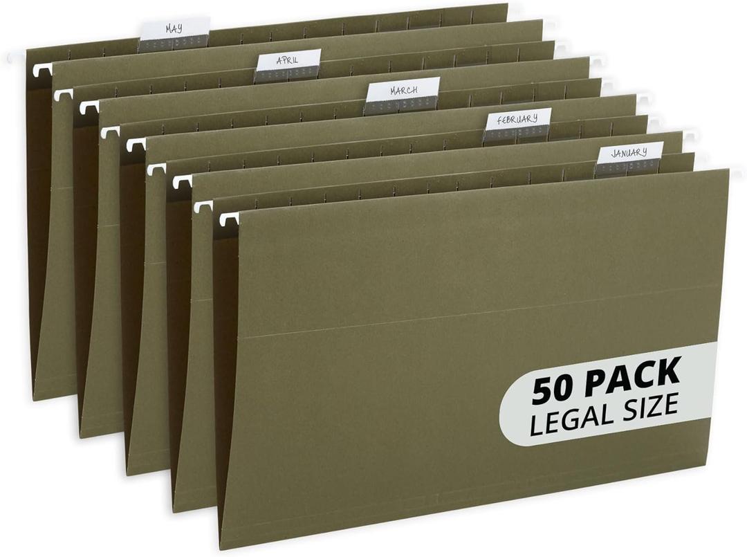 Blue Summit Supplies 50 Legal Size Hanging File Folders, 1/5 Cut Adjustable Tabs, 5 Tab Locations, Designed for Legal and Law Office File Organization, Standard Green, 50 Pack, Legal Size