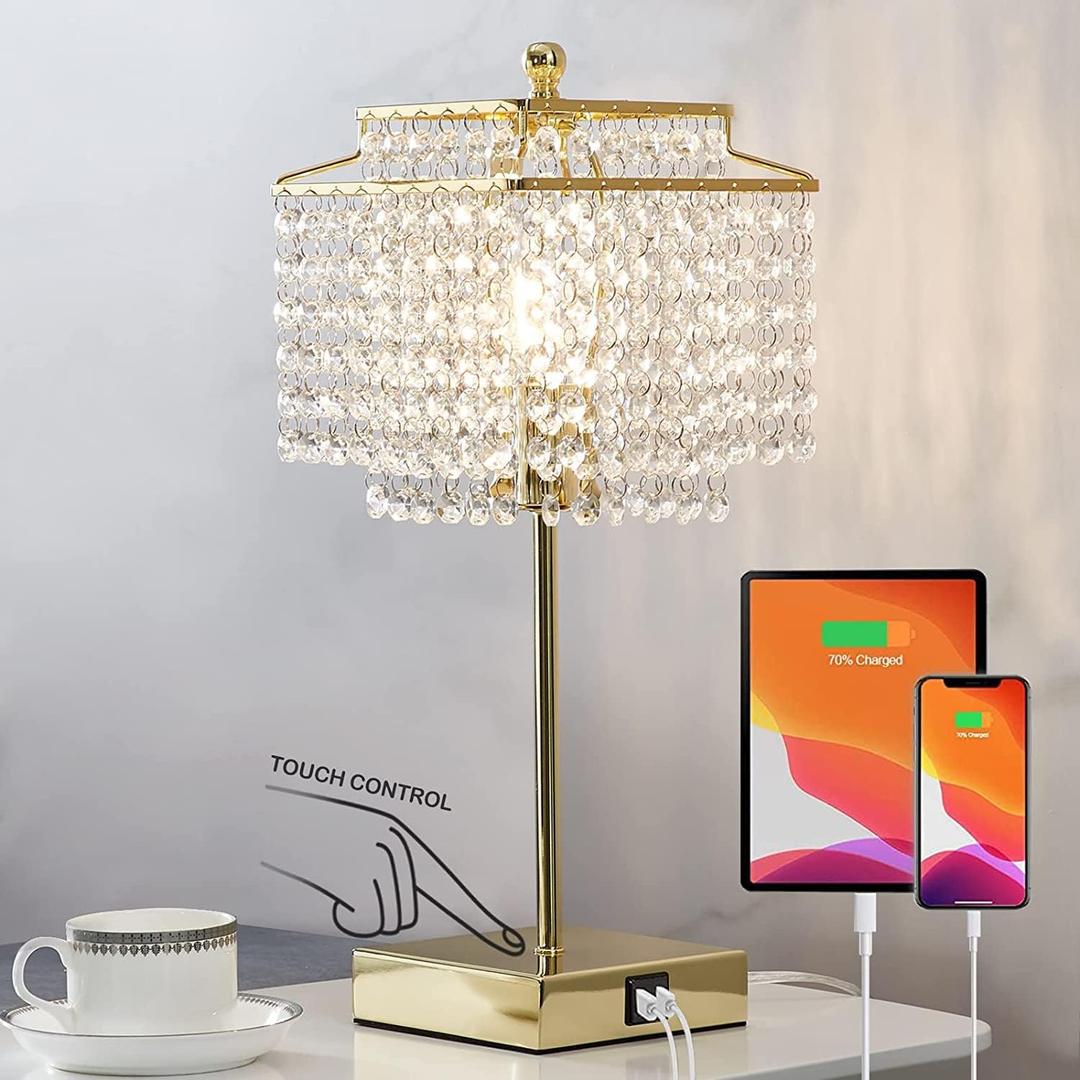 Luvkczc Crystal Touch Table Lamp, Bedside Lamps with with USB C+A Ports, Gold Bedroom Lamp, Dimmable Lamp with Crystal Shade, Nightstand Lamps for Bedroom, Living Room, Bulb Included