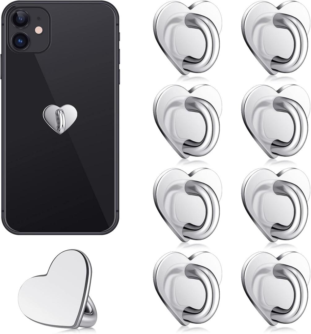 Moxweyeni 8 Pcs Cell Phone Finger Ring Adhesive Metal Phone Finger Grip Loop Stand Heart Grip Holder Charm Hook for DIY Hanging Supplies(Silver)