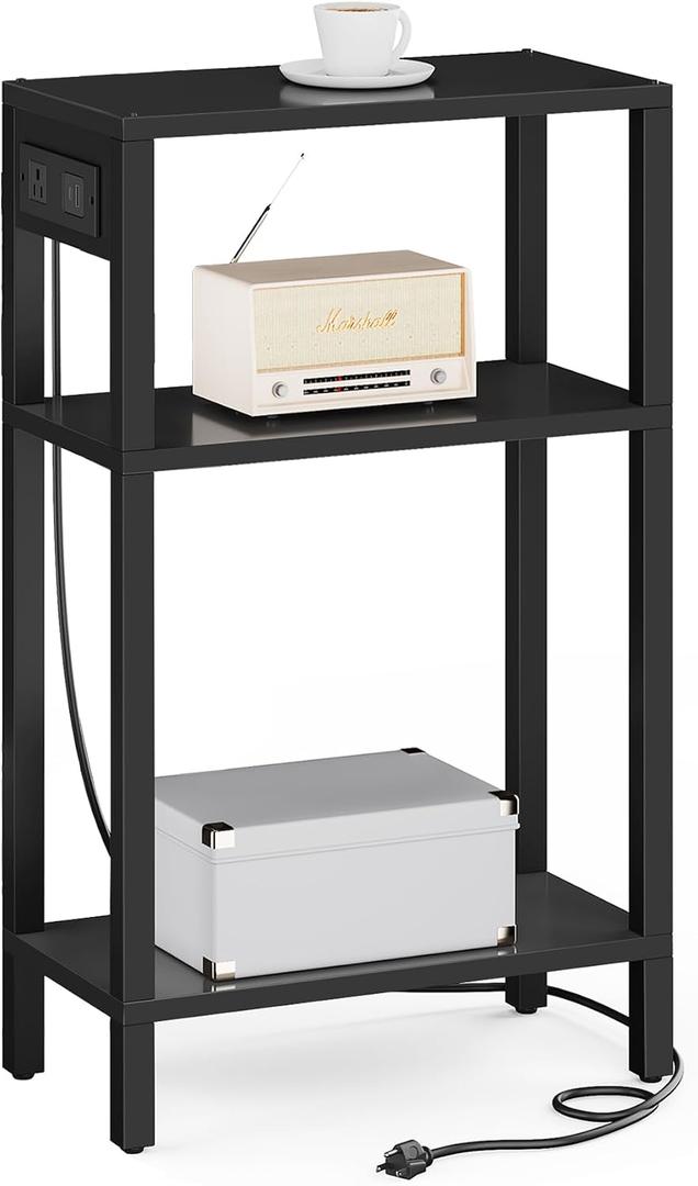 TUTOTAK Narrow Side Table with Charging Station,Small End Table with USB Ports and Outlets, Skinny Sofa Table, Slim Nightstand, Living Room, Bed Room, Black TB01BK079, 3-Tier7.9"D x 15.8"W x 26"H