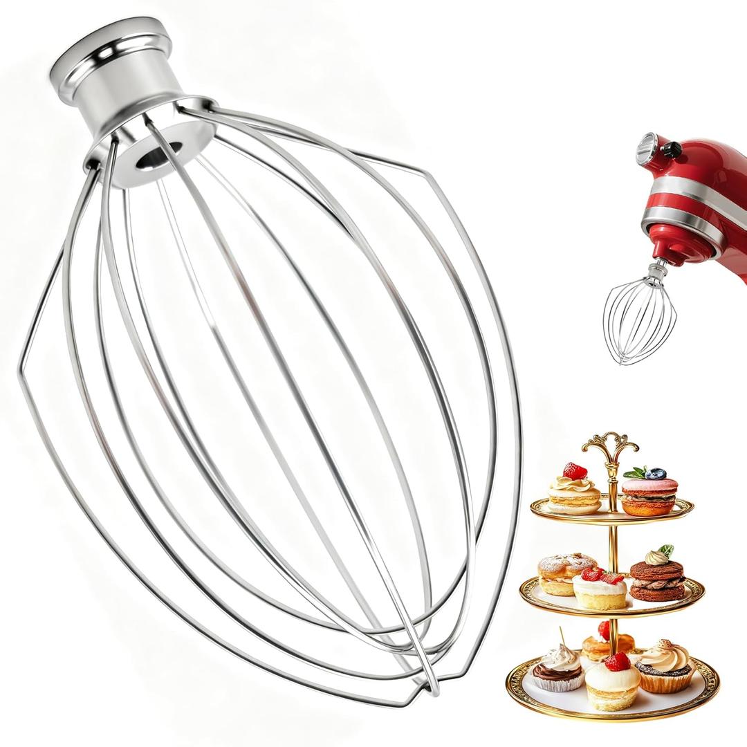 Wire Whip Attachment for KitchenAid 5 Qt Bowl-Lift Mixers, 6-Wire Stainless Steel Whisk Replacement, Heavy-Duty Whip for Beating Eggs, Whipping Cream, Frosting, and Cakes, Dishwasher Safe