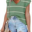 SAUKOLE Women's Sweater Vest Casual V Neck Cap Sleeve Knit Pullover Tops (Green, M)