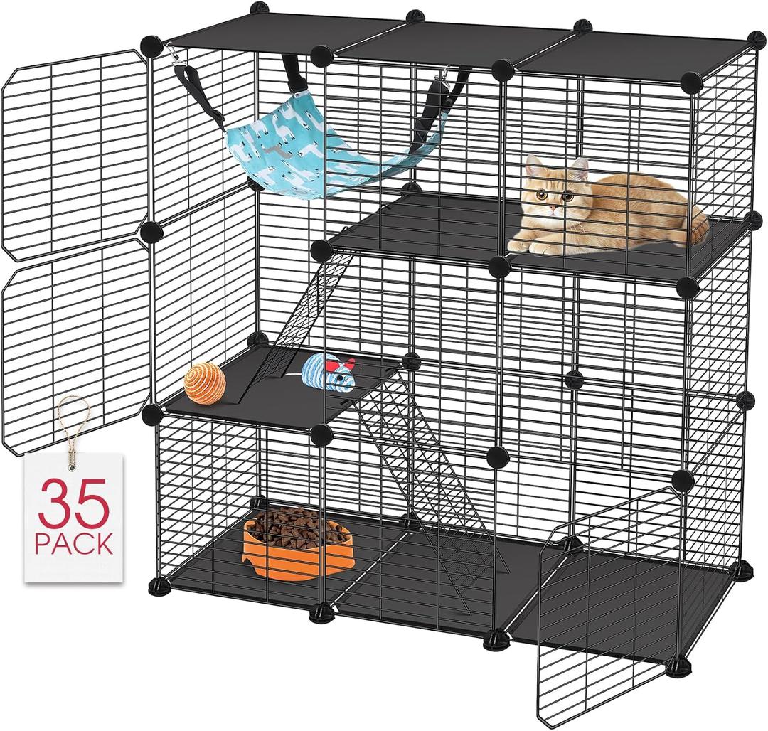 VISCOO Cat Cage, 3-Tier DIY Catio Cat Enclosures, 36" x 16" x 36" Cat Playpen Indoor & Outdoor with Hammock, Detachable Metal Wire Kennel Cats Crate, 3x1x3 Exercise Place for 1-2 Kitten/Squirrel