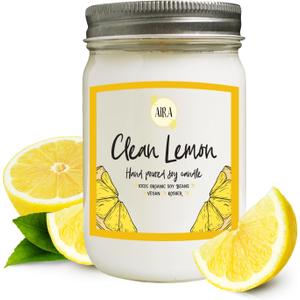 Aira Soy Candle  Clean Lemon  12 oz Mason Jar  Hand-Poured USA  Long-Lasting Vegan Soy Wax Candle  Fresh Citrus Aromatherapy  Paraffin-Free, Kosher, Cruelty-Free