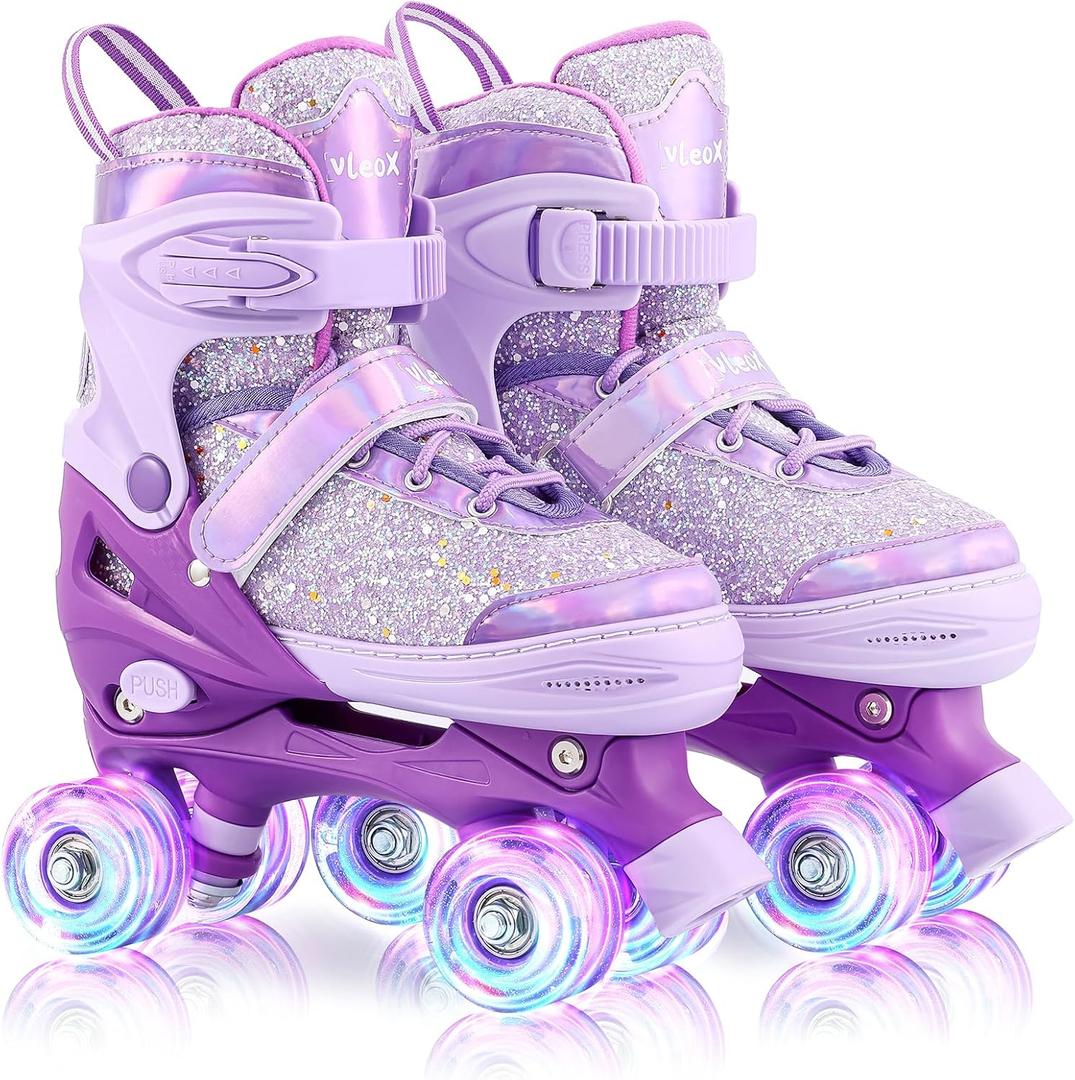 Roller Skates for Girls Kids Child Beginners, 4 Size Adjustable Light up Wheels Fun Illuminating Purple Pink Skates for Boys Toddlers Patines (Small - (US 10C-12.5C))