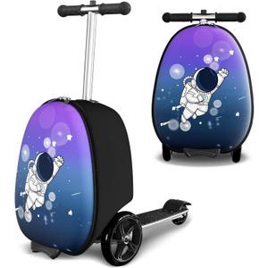 2-in-1 Ride-On Scooter Suitcase, Scooter Luggage for Kids Ages 5-12, Foldable & Lightweight Carry with LED Light-Up Wheels (Large, Blue)