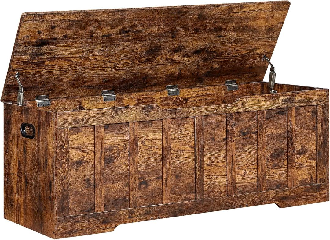 VANKILEY 51.2"Storage chest extra large,storage bench with 2 safety hinges,Shoe Bench,51.2*15.7*19.1inches,wooden trunk for bedroom,livingroom,entryway,Supports 220 lb,Easy Assembly(Rustic brown), 51.2x15.7x19.1