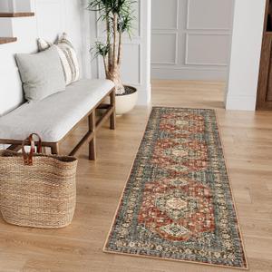 Lahome Oriental Kitchen Runner Rug Non Slip, 2x5 Washable Hallway Runner with Rubber Backing, Vintage Hallway Rug Ultra-Thin Soft Carpet for Bedroom Bathroom Eleanor, Brick Red