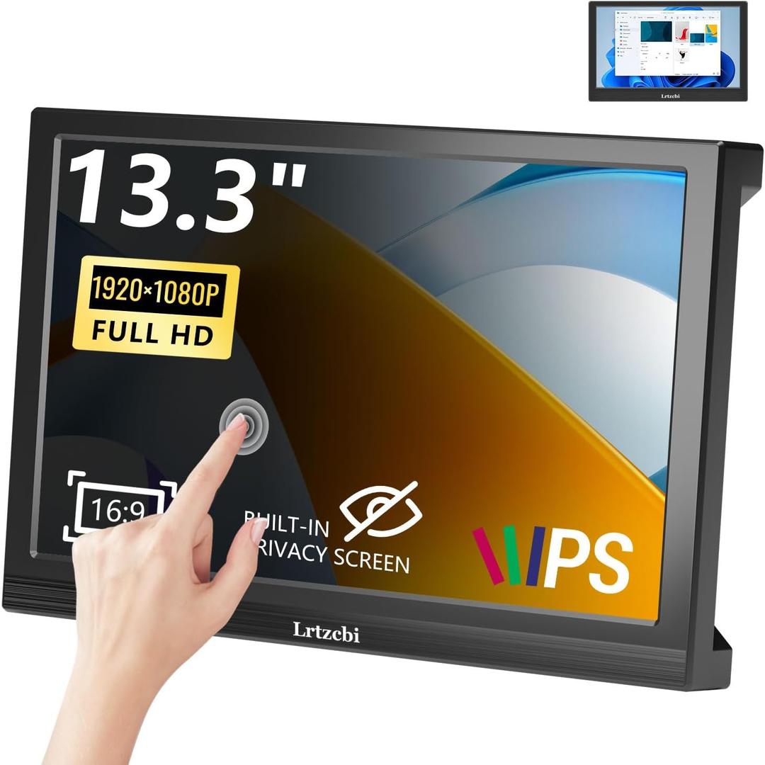 Touchscreen Portable Monitor 13.3 Inch, FHD 1920x1080P IPS Built-in Privacy Screen/Speakers with HDMI and VGA, Portable Monitor for Laptop/Raspberry Pi/PC/Xbox/PS3/4