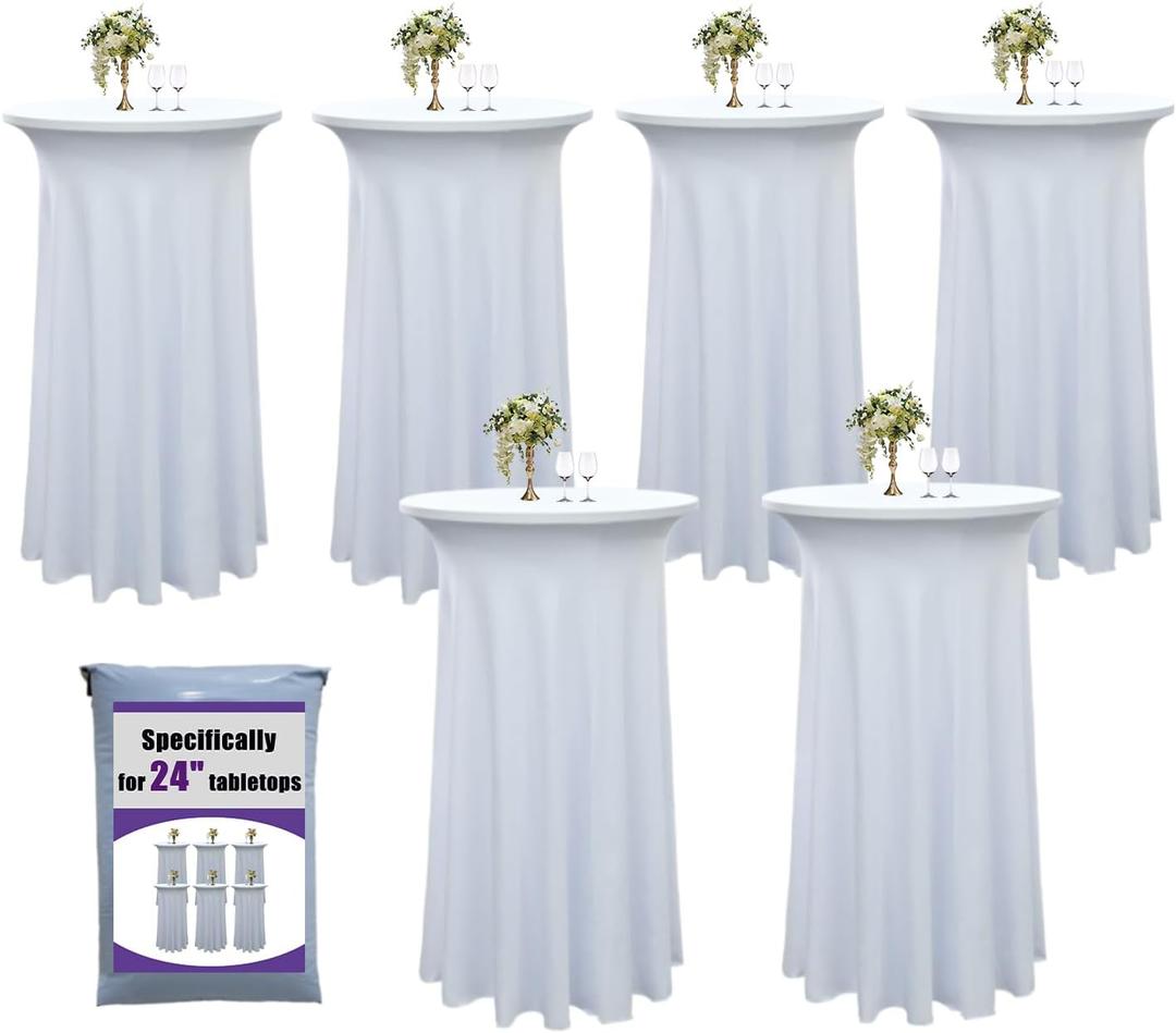 6-Pack 24"x43" White Round Cocktail Table Skirts | Stretch Spandex Fitted Tablecloths | Wrinkle-Resistant, Stain-Resistant, and Machine Washable for Bars, Weddings, Parties, and Banquets
