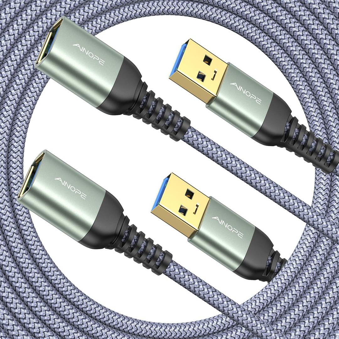 AINOPE 2-Pack USB Extension Cables, High-Speed USB 3.0 Extension Cord, Type A Male to Female, Sturdy Braided Material, Fast Data Transfer, Compatible with USB Keyboard, Mouse, Flash Drive, Grey, 16FT + 16FT