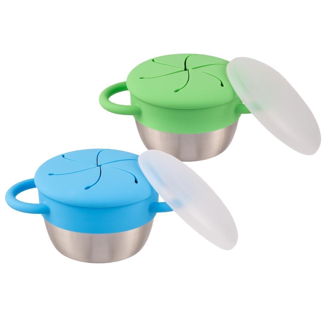 Elk and Friends Stainless Steel Snack Cups | Removable Silicone Food Catcher and Travel Lid | Spill-Proof Snack Containers for Baby, Toddler, Kids | Dishwasher Safe | 2 Pack (Green/Blue)