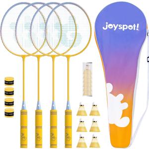 Badminton Rackets Set of 4 for Outdoor Backyard Games,Including 4 Rackets, 6 Nylon Shuttlecocks, 4 Replacement Grip Tapes and 1 Carrying Bag, Lightweight Badminton Racquets for Kids Adults Beginners (Purple Yellow)
