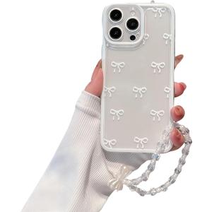 for iPhone 14 Pro Case, [2-in-1 with Clear Beads Pearl Beaded Wristlet Bracelet] Cute White Bow Print, Suitable for Women & Girls