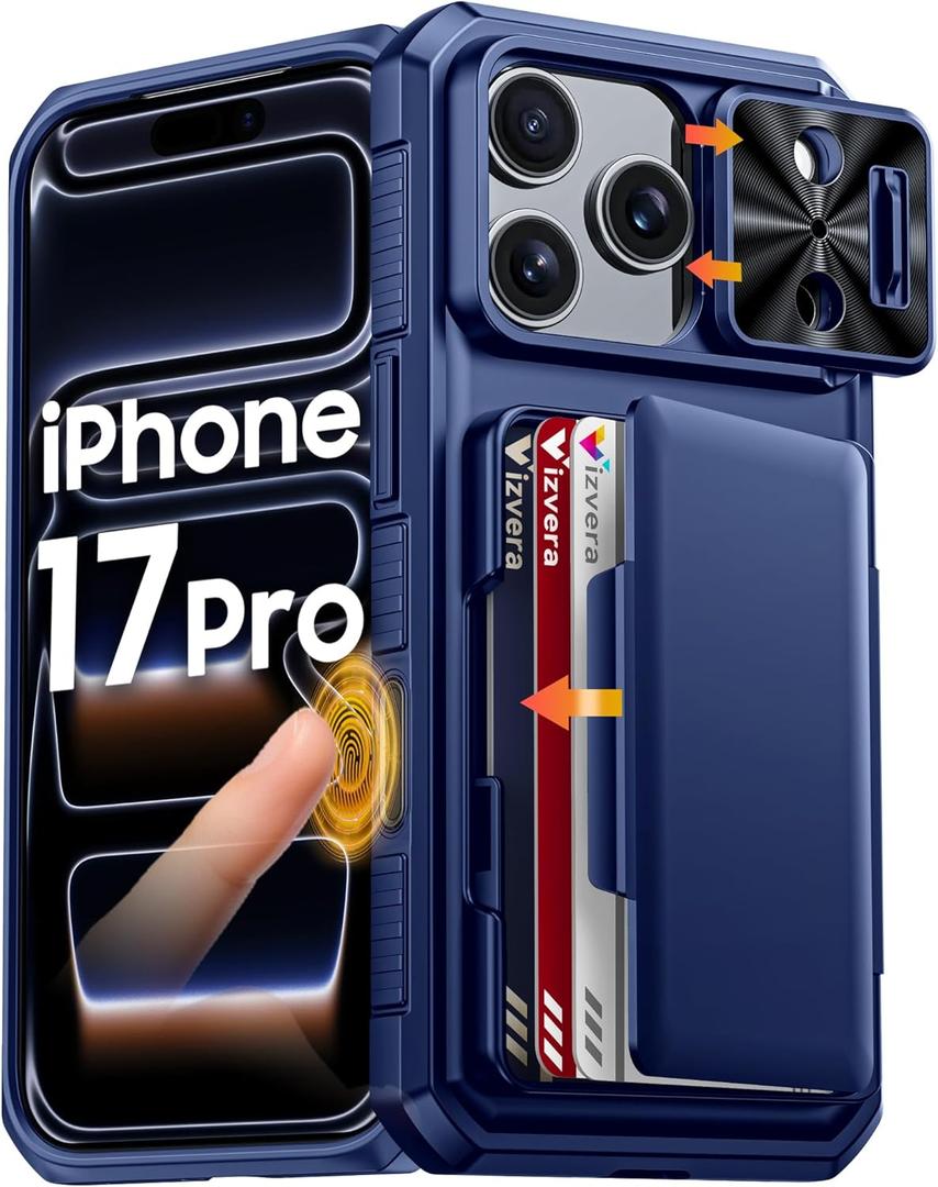 Vizvera for iPhone 17 Pro Case Wallet RFlD [Cards Holder][Camera Control][Camera Cover] Full Body Rugged Shockproof Silicone Protective Phone Case for iPhone 17 Pro 6.3'' 2025(Blue)