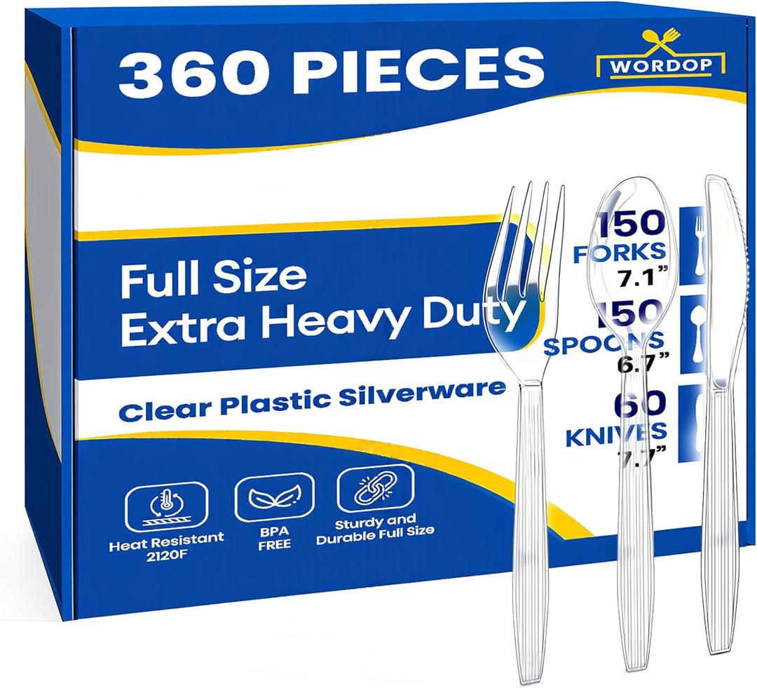 360 Count Extra Heavy Duty Plastic Silverware Set Heat Resistant & BPA Free Disposable Silverware Cutlery 150 Forks, 150 Spoons, 60 Knives Clear Premium Plastic Utensils for Parties & Events