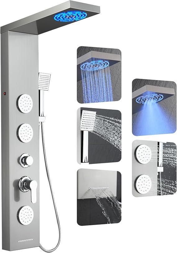 ROVOGO LED Shower Panel Tower System with Lights, 5 Shower Modes, 46.5 Inch
Rainfall Mist Shower Head, 3 Body Jets, Handheld, Waterfall Tub Spout, Stainless Steel Shower Column W/ Mixing Valve, Brushed