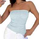 Cioatin Women Y2K Strapless Striped Asymmetric Bandeau Tube Top Sleeveless Slim Fit Slit Summer Going Out Crop Tank Aesthetic Blue (Blue, L)