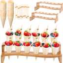 Queekay 100 Disposable Wood Cones for Food with 2 Pcs 12 Holes Charcuterie Cones Holder Stand Ice Cream Cone Display Stand 100 Fancy Toothpicks for Appetizers Catered Events Wedding Buffets Parties