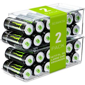 2 Pack Tall Skinny Can Organizer for Refrigerator, Stackable Large Soda Cans of 16oz & 17oz Beverage Energy Drink Container Holder Dispenser with Lid for Fridge, Clear Storage Plastic Bins