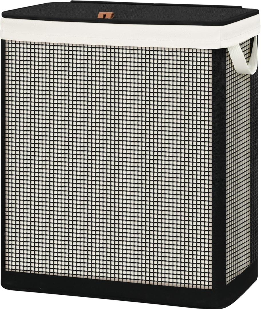 STO STO Double Laundry Hamper with Lid, 140L Large 2 Section Laundry Sorter, Laundry Basket with Removable Washable Canvas Liner Bag, Breathable Clothes Hamper for Bedroom Bathroom Laundry Room Closet