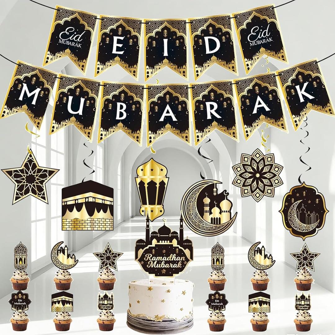 31Pcs Ramadan Decorations - Ramadan Decoration for Home Pre-Assembled Mubarak Eid Kareem Muslim Banner Star Moon Lantern Hanging Swirls Decorations for Home Fireplace Indoor Party Supplies