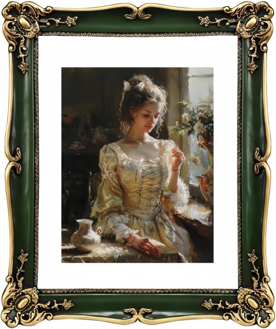 Vintage Picture Frame 6x8 Green Antique gold Photo frame with White Mat 5x7 Ornate picture frames with Acrylic Glass Baroque Tabletop Wall Hanging Home Decor Picture Frames