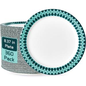 JOLLY PARTY Paper Plates Disposable, 360 Count 8.37 inch Dinner Plates, Soak Proof, Cut Proof for Everyday Use, Diamond Pattern Rim Design (Green Blue-360pack)