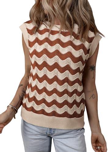SHEWIN Sweater Vest for Women Crewneck Striped Crochet Sleeveless Sweaters Tank Tops M