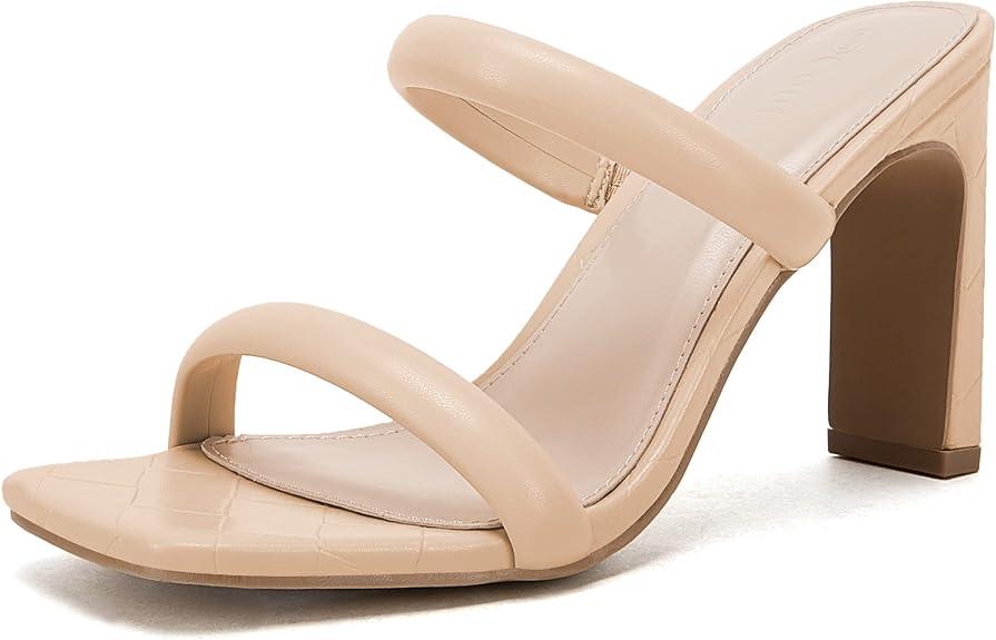 Coutgo Womens Square Open Toe Heeled Sandals Two Strap High Heel Backless Dress Slip On Mules Size 9:5