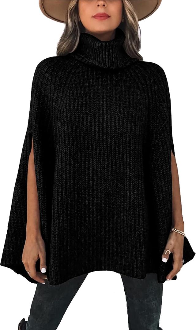 KIRUNDO Women's 2026 Fall Winter Turtleneck Poncho Sweater Fashion Chunky Knit Cape Wrap Sweaters Pullover Jumper Tops (Black, L)