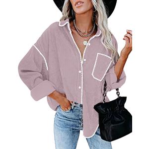 ZESICA Womens Corduroy Shacket Jacket Long Sleeve Button Down Shirt Oversized Blouses Tops with Pockets (Purple, M)