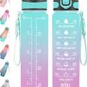 Enerbone 32 oz Drinking Water Bottle with Times to Drink and Straw, Motivational with Carrying Strap, Leakproof BPA & Toxic Free, Ensure You Drink Enough Water for Fitness Gym Outdoor (Green-Purple)