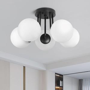 Bektas 5-Lights Semi Flush Mount Ceiling Light Fixture Matte Black Light Fixture Bend Modeling with Milk Glass Globe for Bedroom, Living Room, Dinning Room Foyer Hallway